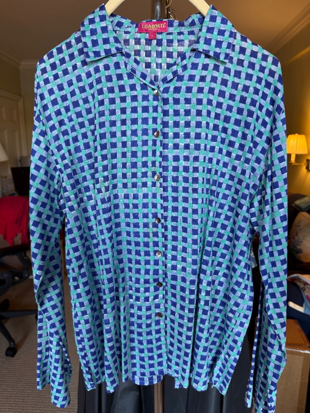 Lisa Corti Hand-Printed Blue and Green Cotton Button-Down Shirt – Size Large